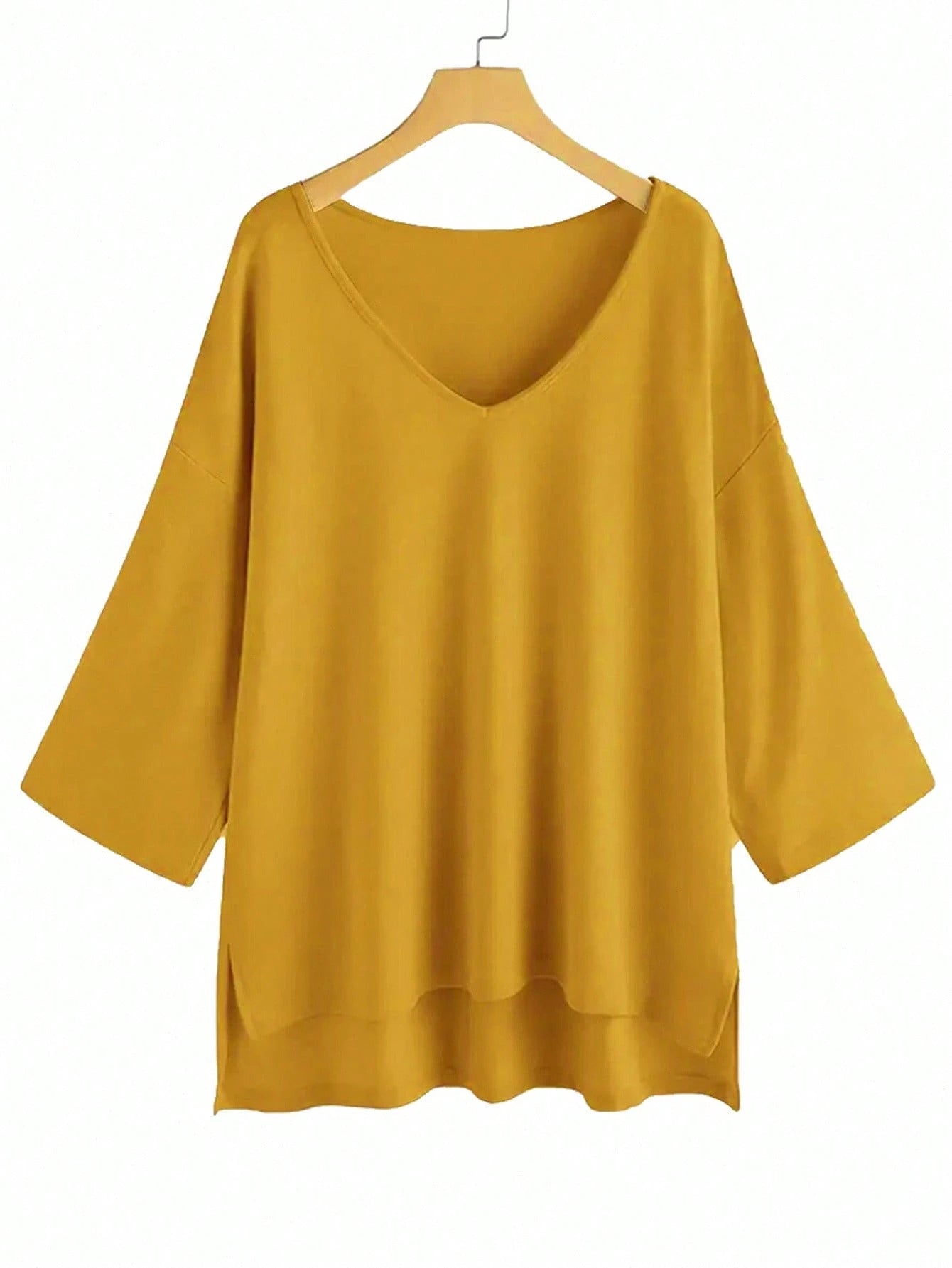 Plus Size Women's Casual V-Neck Loose T-Shirt With Side Slit, Orange Yellow
