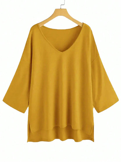 Plus Size Women's Casual V-Neck Loose T-Shirt With Side Slit, Orange Yellow