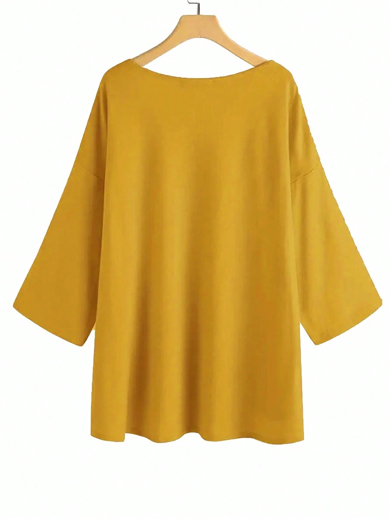 Plus Size Women's Casual V-Neck Loose T-Shirt With Side Slit, Orange Yellow