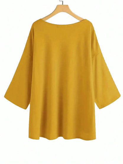 Plus Size Women's Casual V-Neck Loose T-Shirt With Side Slit, Orange Yellow