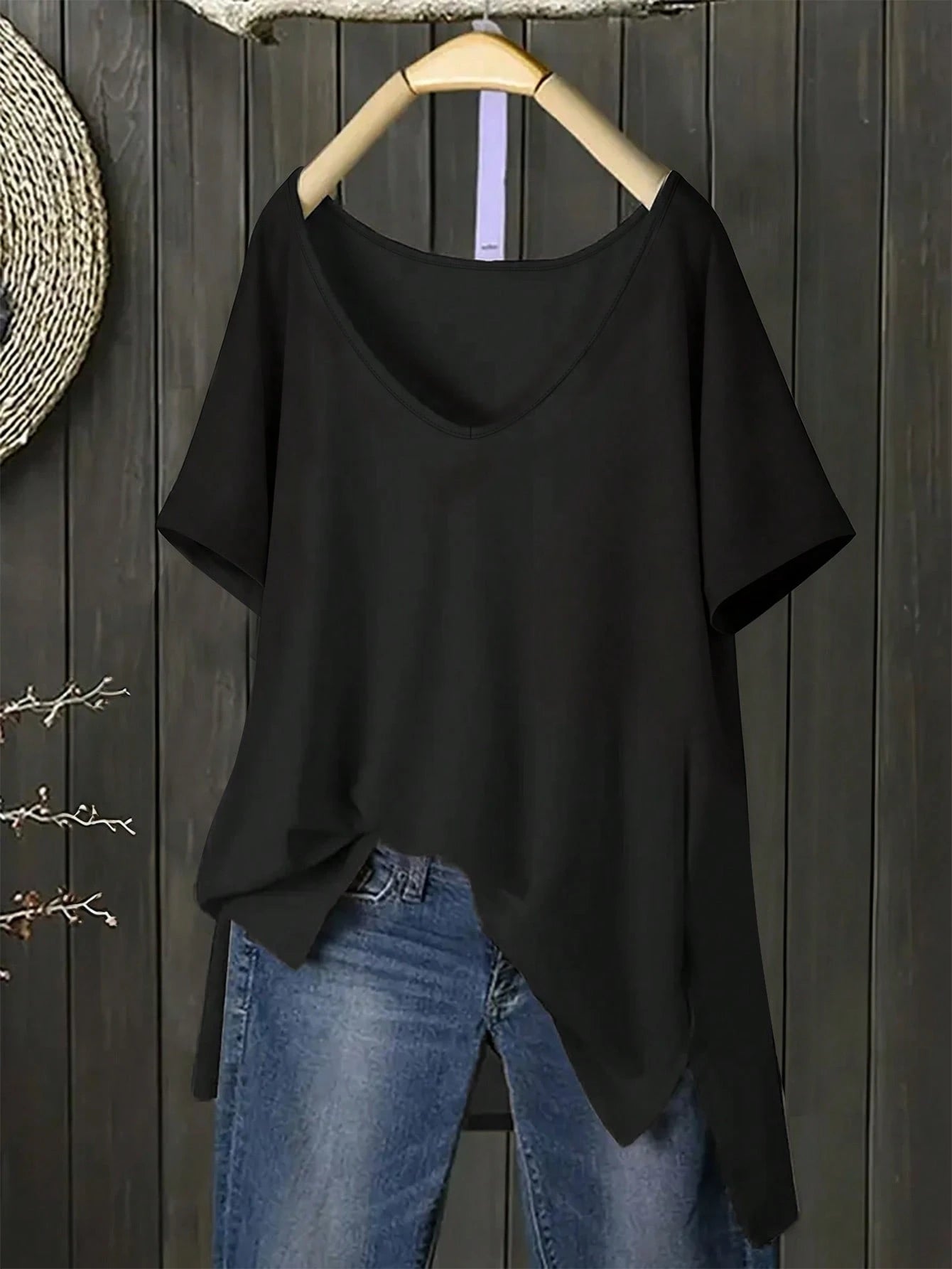 Plus Size Women's Casual V-Neck Loose T-Shirt With Side Slit, Orange Yellow
