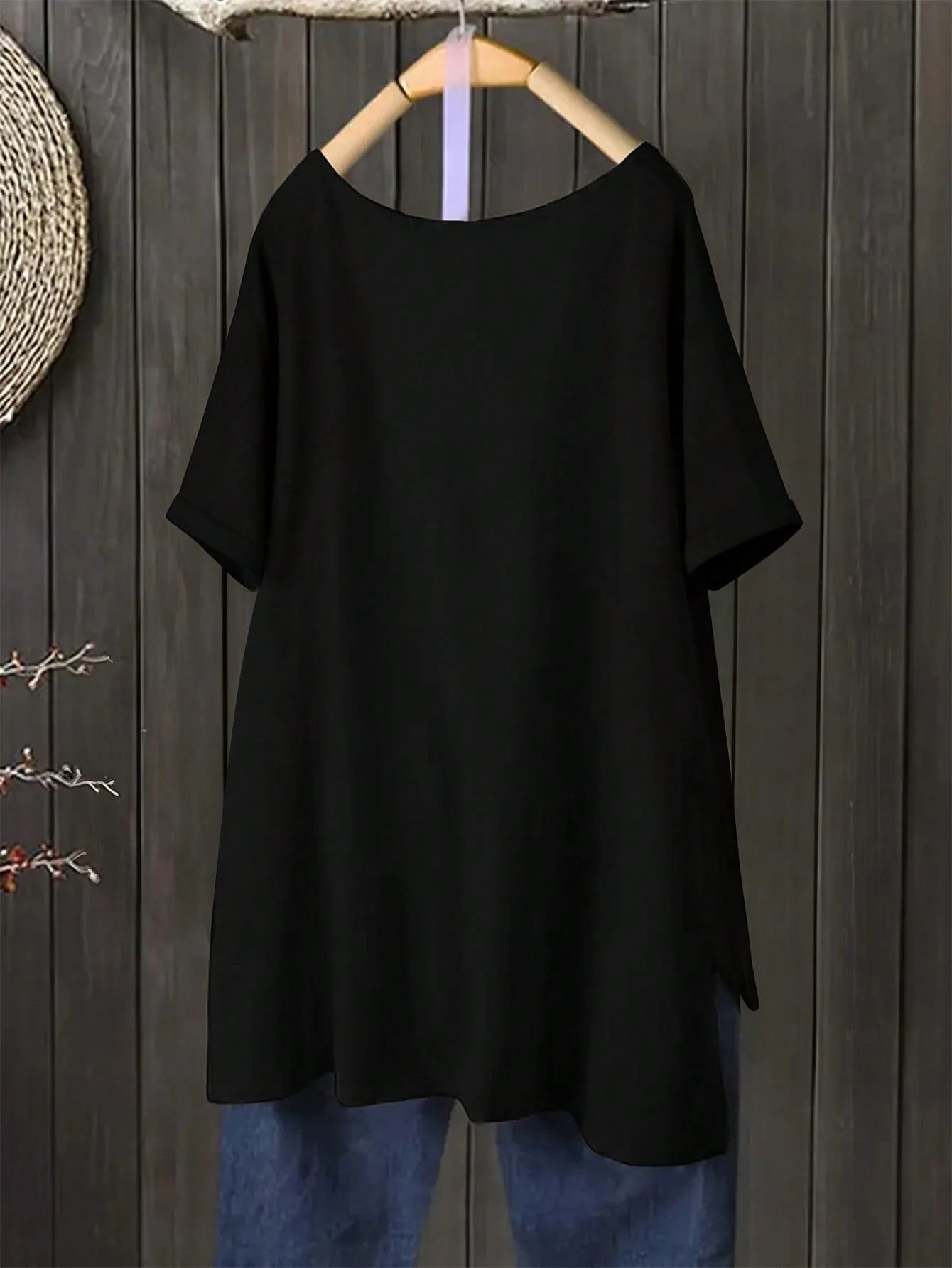 Plus Size Women's Casual V-Neck Loose T-Shirt With Side Slit, Orange Yellow