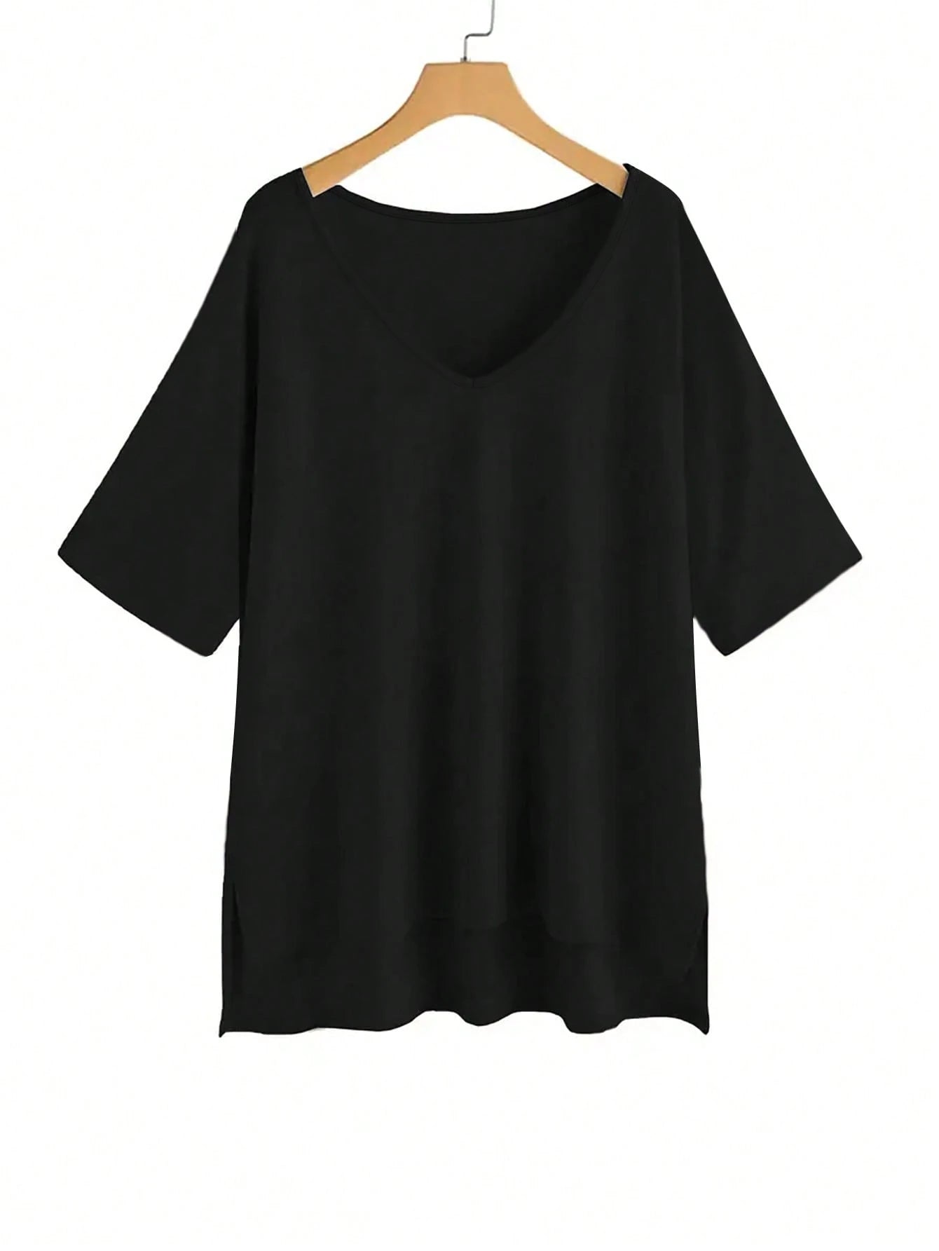 Plus Size Women's Casual V-Neck Loose T-Shirt With Side Slit, Orange Yellow