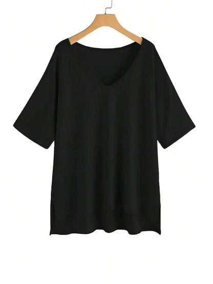 Plus Size Women's Casual V-Neck Loose T-Shirt With Side Slit, Orange Yellow