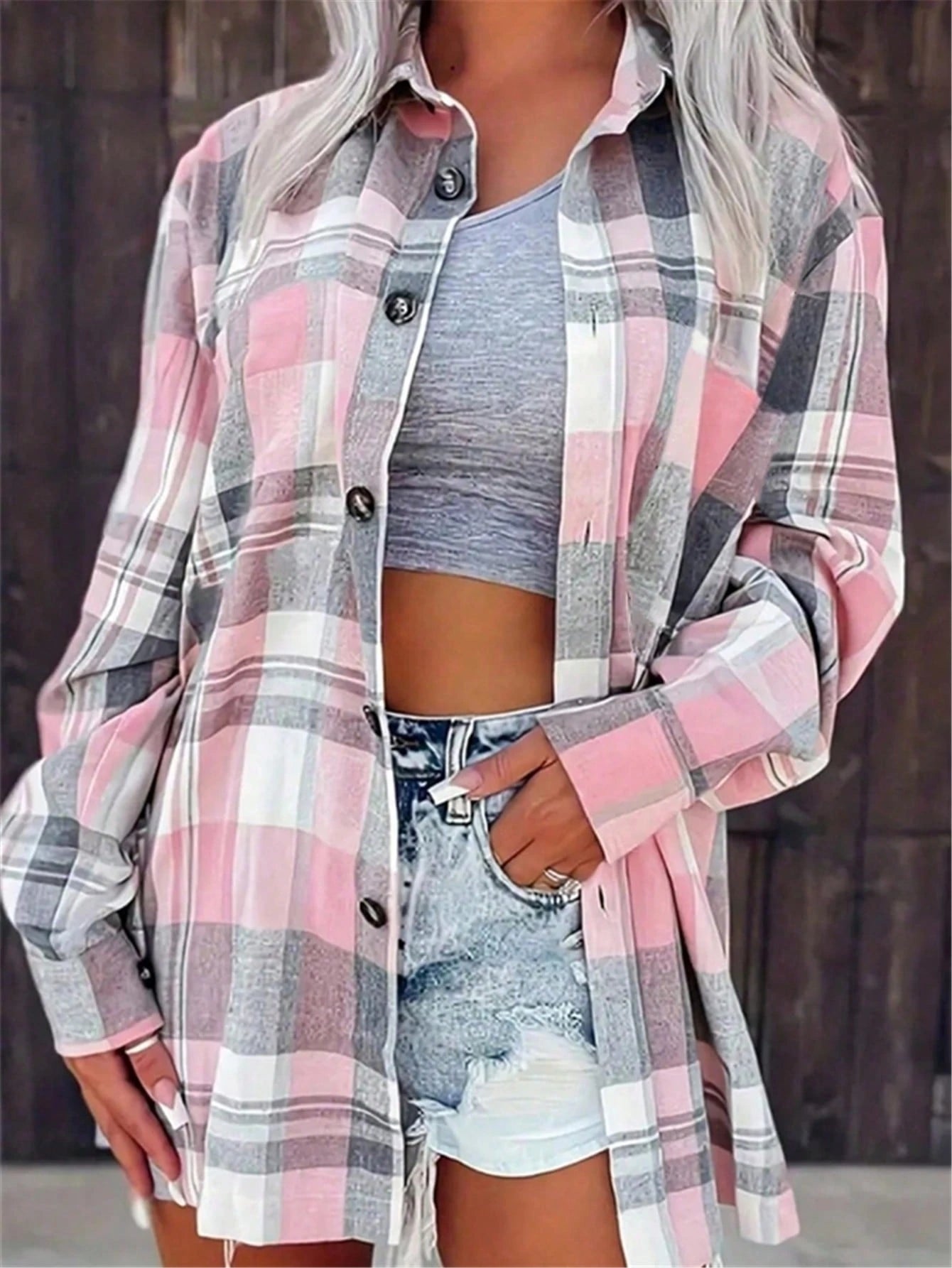 Plus Size Women's Classic Plaid Collar Long Sleeve Shirt Casual Pink Spring