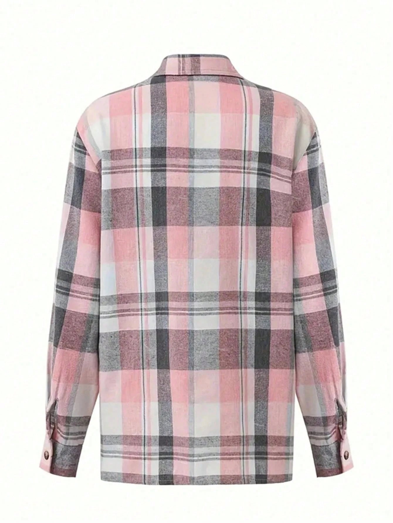 Plus Size Women's Classic Plaid Collar Long Sleeve Shirt Casual Pink Spring
