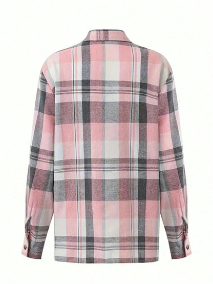 Plus Size Women's Classic Plaid Collar Long Sleeve Shirt Casual Pink Spring