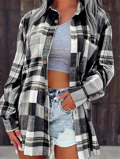 Plus Size Women's Classic Plaid Collar Long Sleeve Shirt Casual Pink Spring