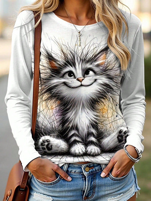 Plus Size Women's Cute Cat Print T-Shirt Fall