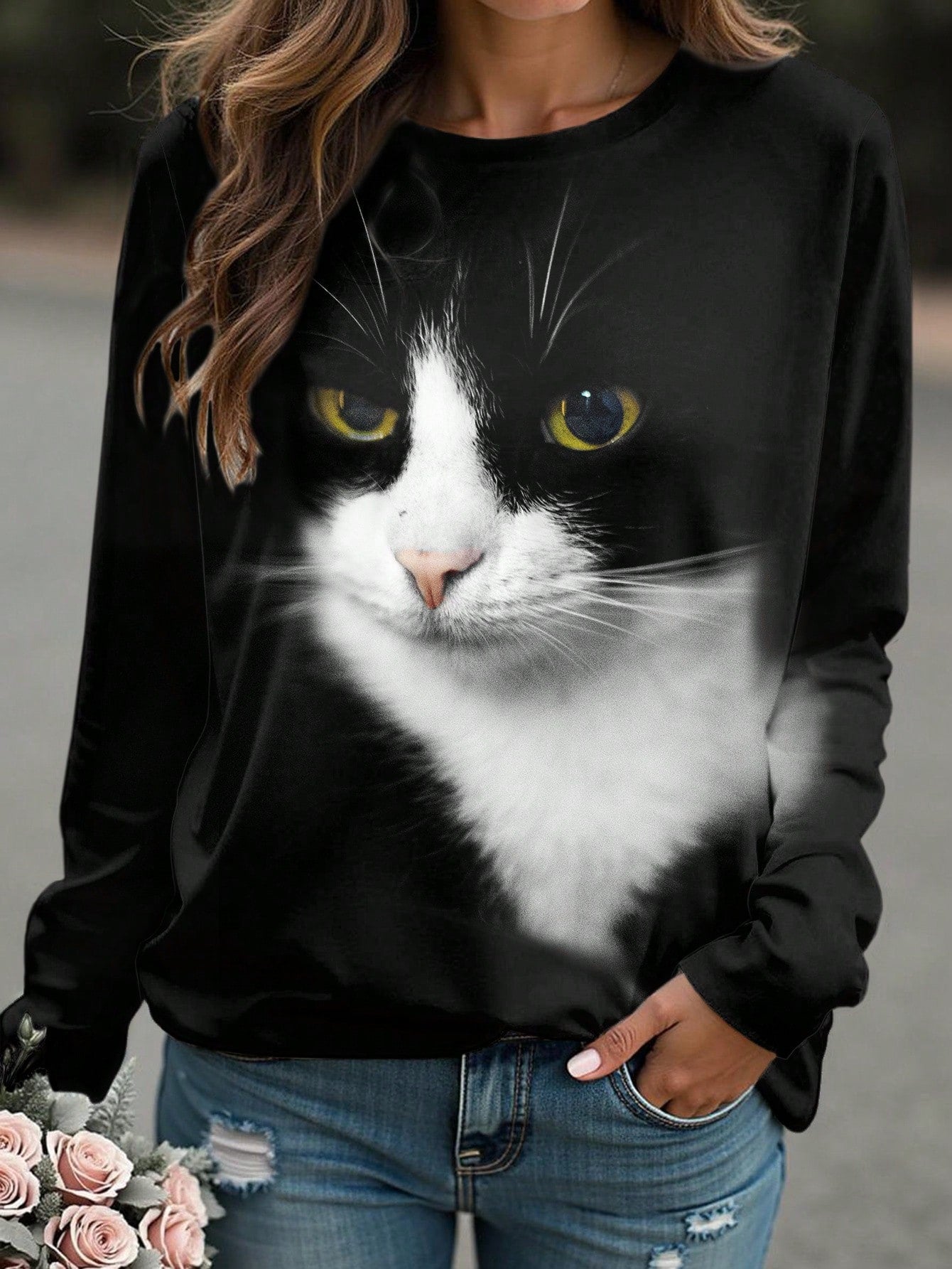 Plus Size Women's Cute Cat Print T-Shirt Fall