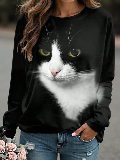 Plus Size Women's Cute Cat Print T-Shirt Fall