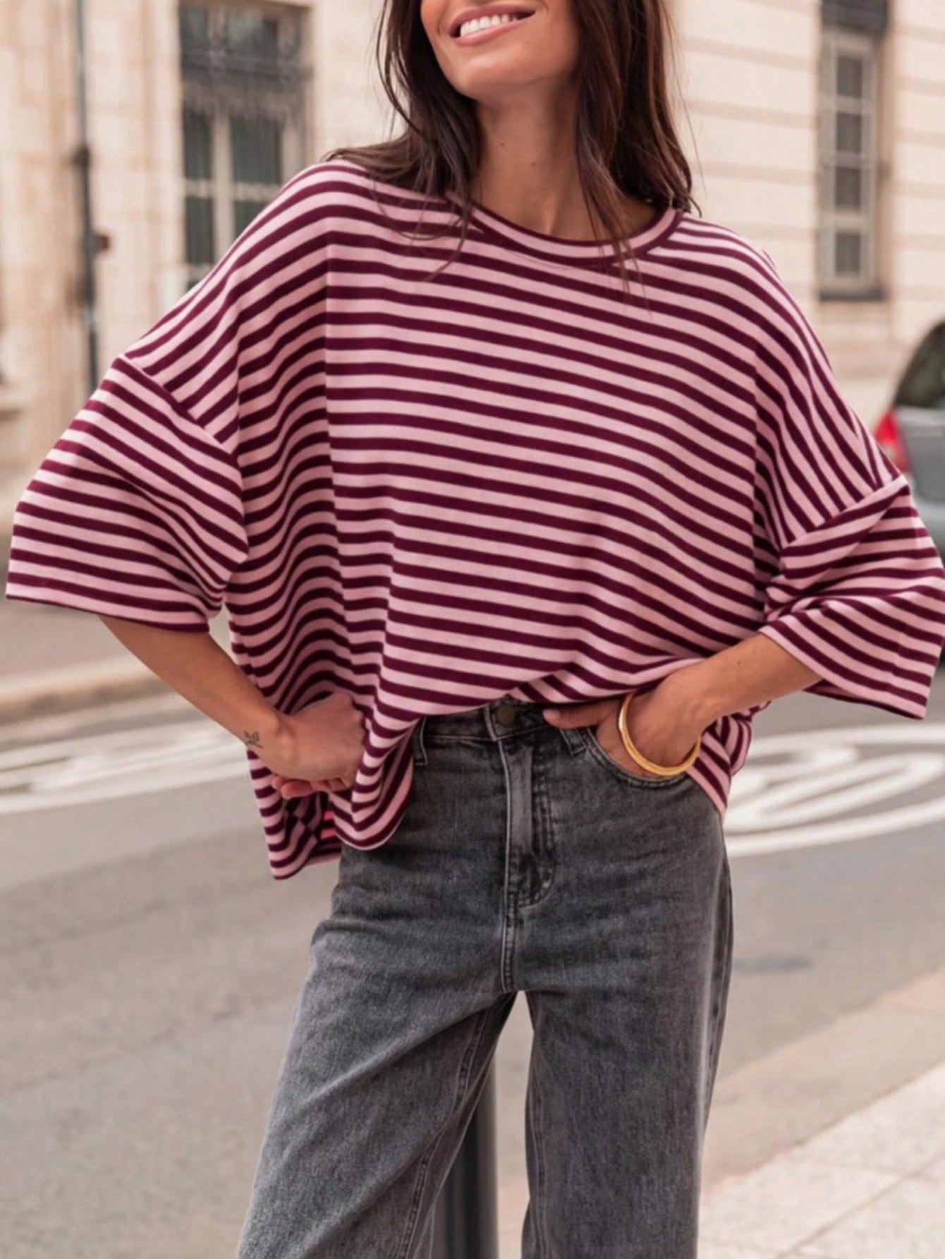 Plus Size Women's Fashionable Elegant Striped Round Neck Drop Shoulder Half Sleeve T-Shirt, Suitable For Holidays, School, Vacation And Daily Wear Summer