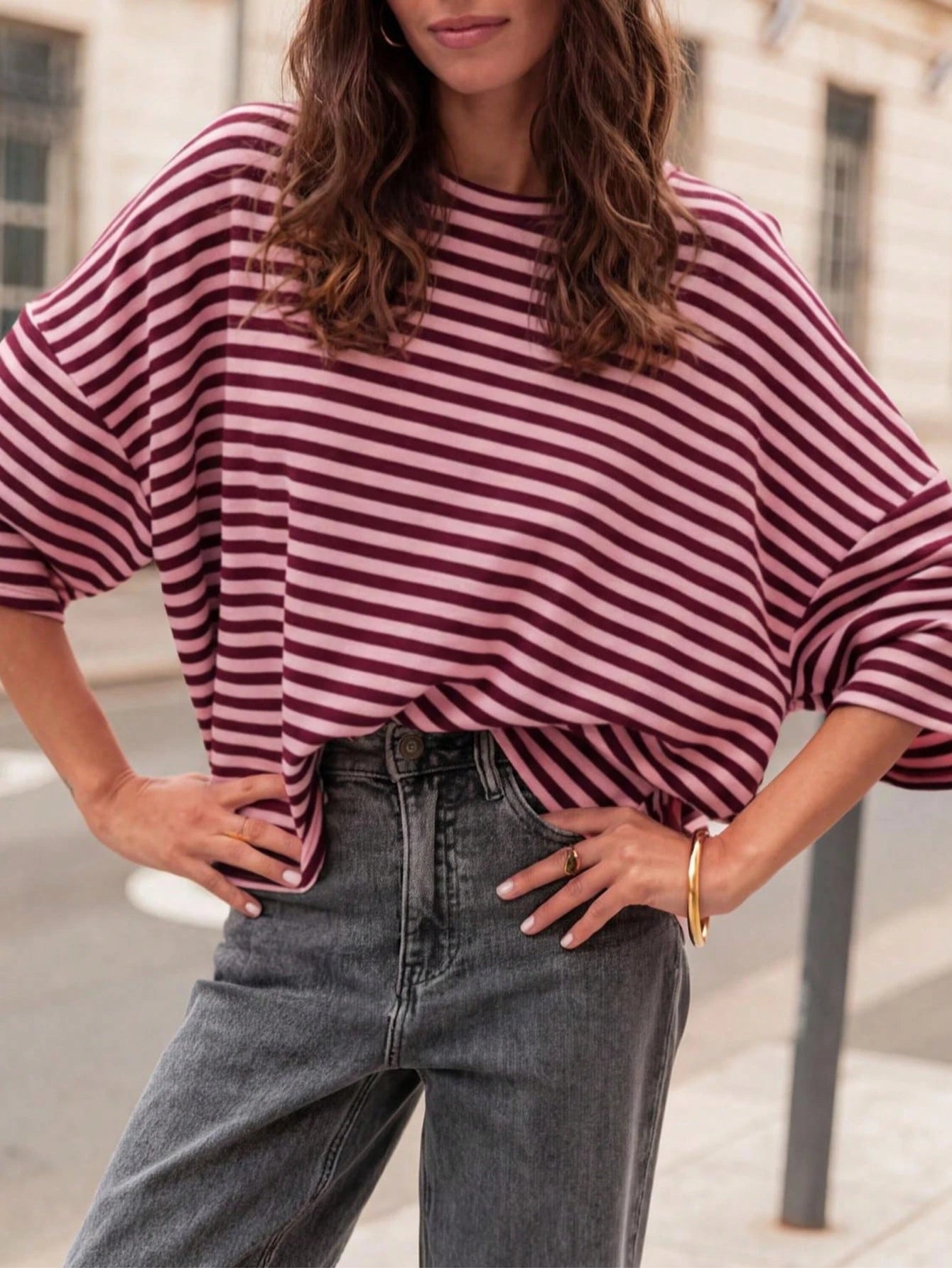Plus Size Women's Fashionable Elegant Striped Round Neck Drop Shoulder Half Sleeve T-Shirt, Suitable For Holidays, School, Vacation And Daily Wear Summer