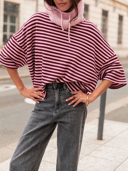 Plus Size Women's Fashionable Elegant Striped Round Neck Drop Shoulder Half Sleeve T-Shirt, Suitable For Holidays, School, Vacation And Daily Wear Summer