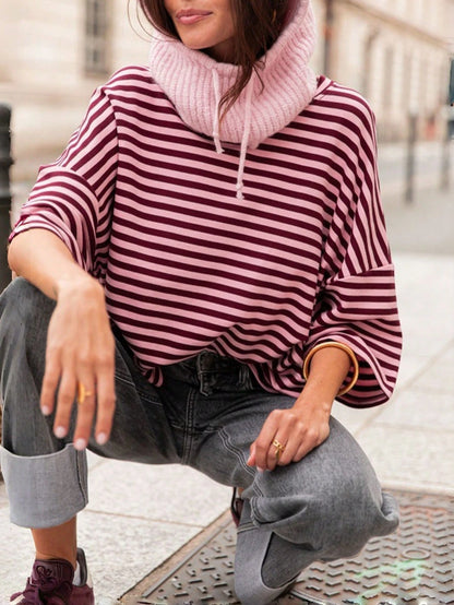 Plus Size Women's Fashionable Elegant Striped Round Neck Drop Shoulder Half Sleeve T-Shirt, Suitable For Holidays, School, Vacation And Daily Wear Summer