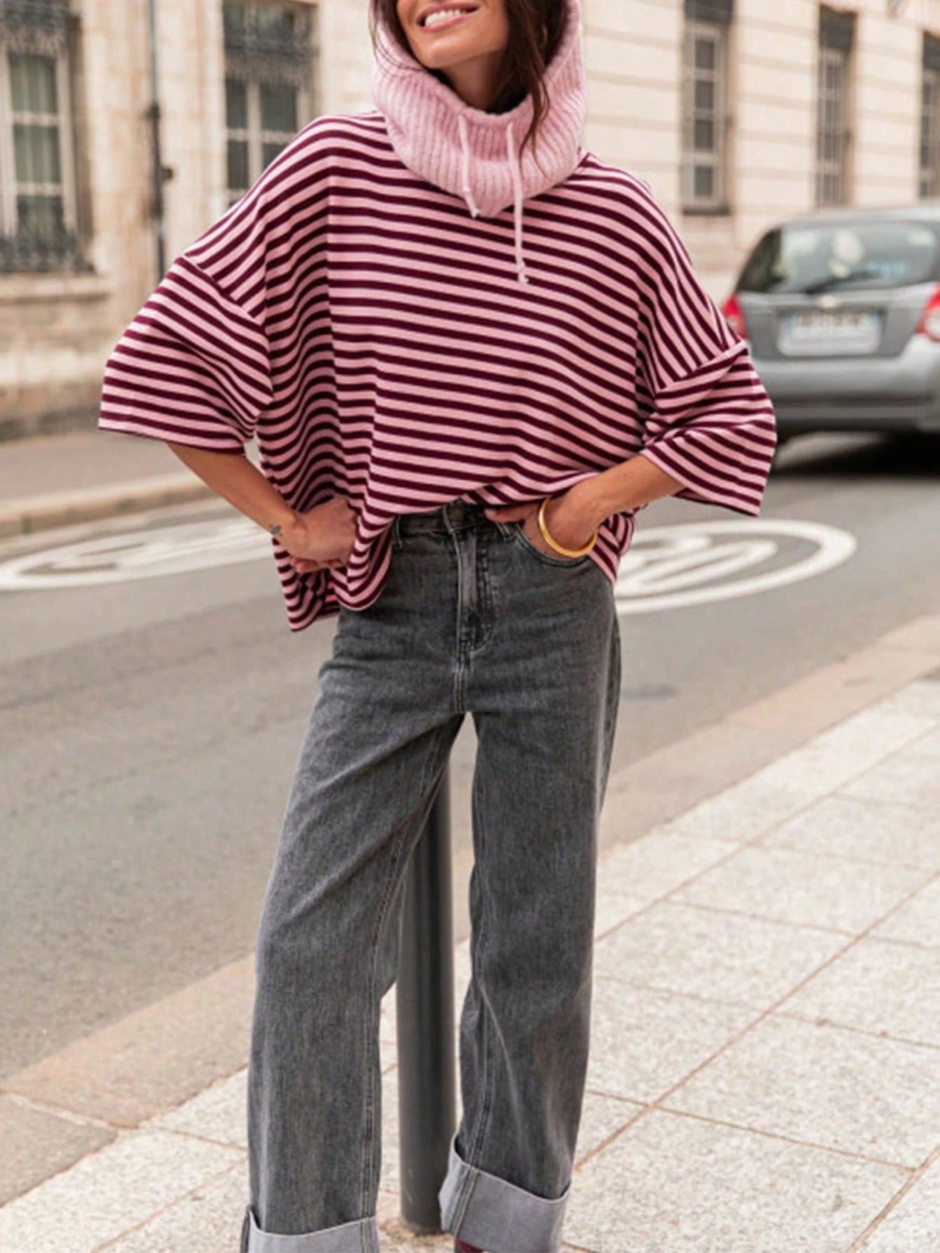 Plus Size Women's Fashionable Elegant Striped Round Neck Drop Shoulder Half Sleeve T-Shirt, Suitable For Holidays, School, Vacation And Daily Wear Summer
