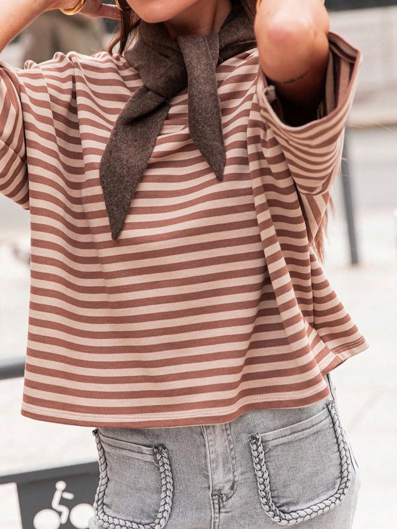 Plus Size Women's Fashionable Elegant Striped Round Neck Drop Shoulder Half Sleeve T-Shirt, Suitable For Holidays, School, Vacation And Daily Wear Summer