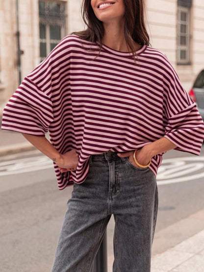 Plus Size Women's Fashionable Elegant Striped Round Neck Drop Shoulder Half Sleeve T-Shirt, Suitable For Holidays, School, Vacation And Daily Wear Summer