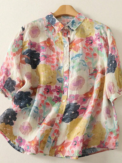 Plus Size Women's Floral Print Short Sleeve Shirt, Casual Top For Daily, Travel, Spring Summer Fall, Summer Vacation Outfits, Summer Tops