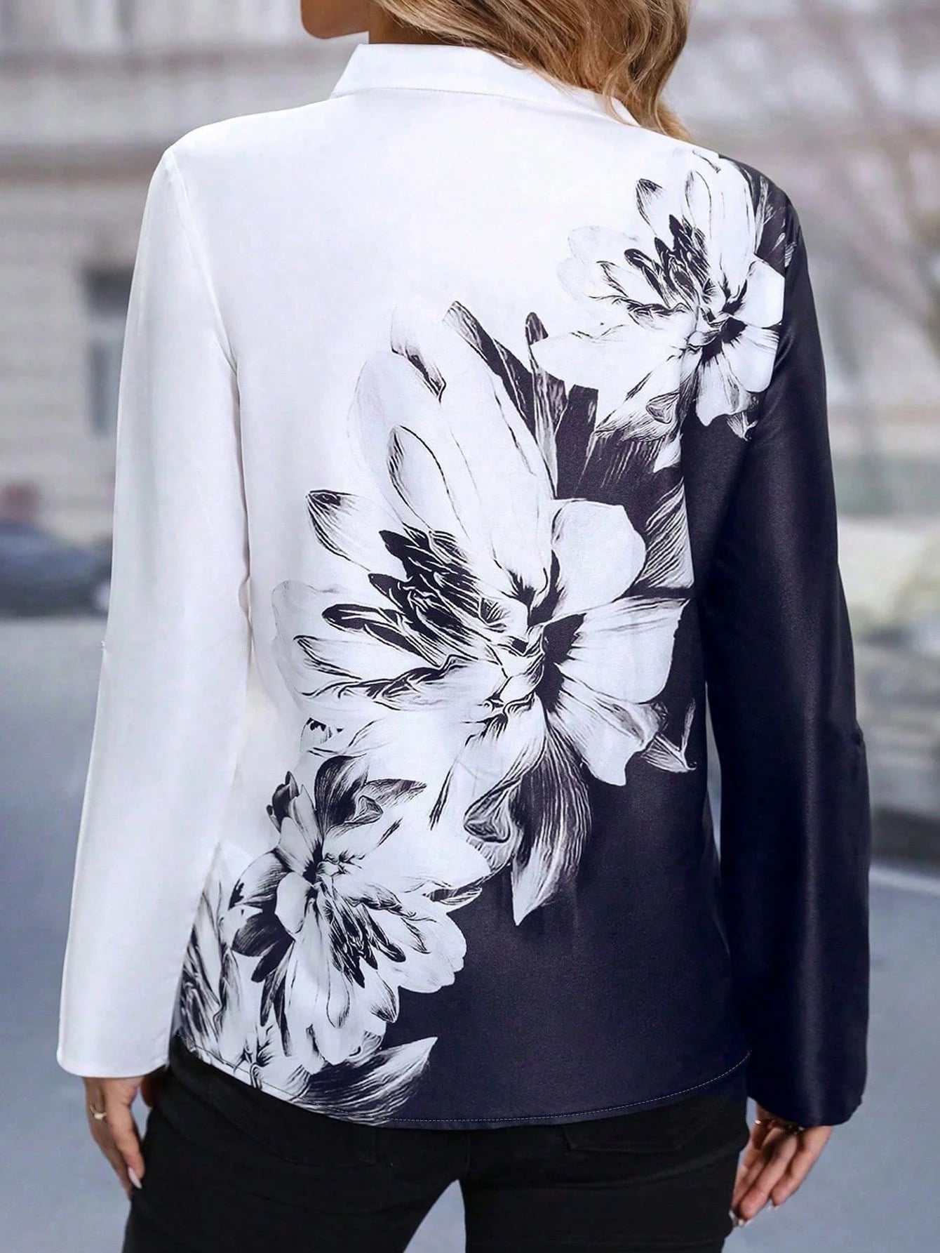 Plus Size Women's Floral Printed Ruffle Cuff Shirt Fall Cloth For Women