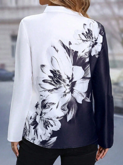 Plus Size Women's Floral Printed Ruffle Cuff Shirt Fall Cloth For Women