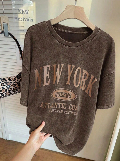 Plus Size Women's Graphic Tees, Plus Size T-Shirt, Streetwear, 90s Clothes, NEW YORK Print Casual Minimalist Pattern Crew Neck Short Sleeve Loose T