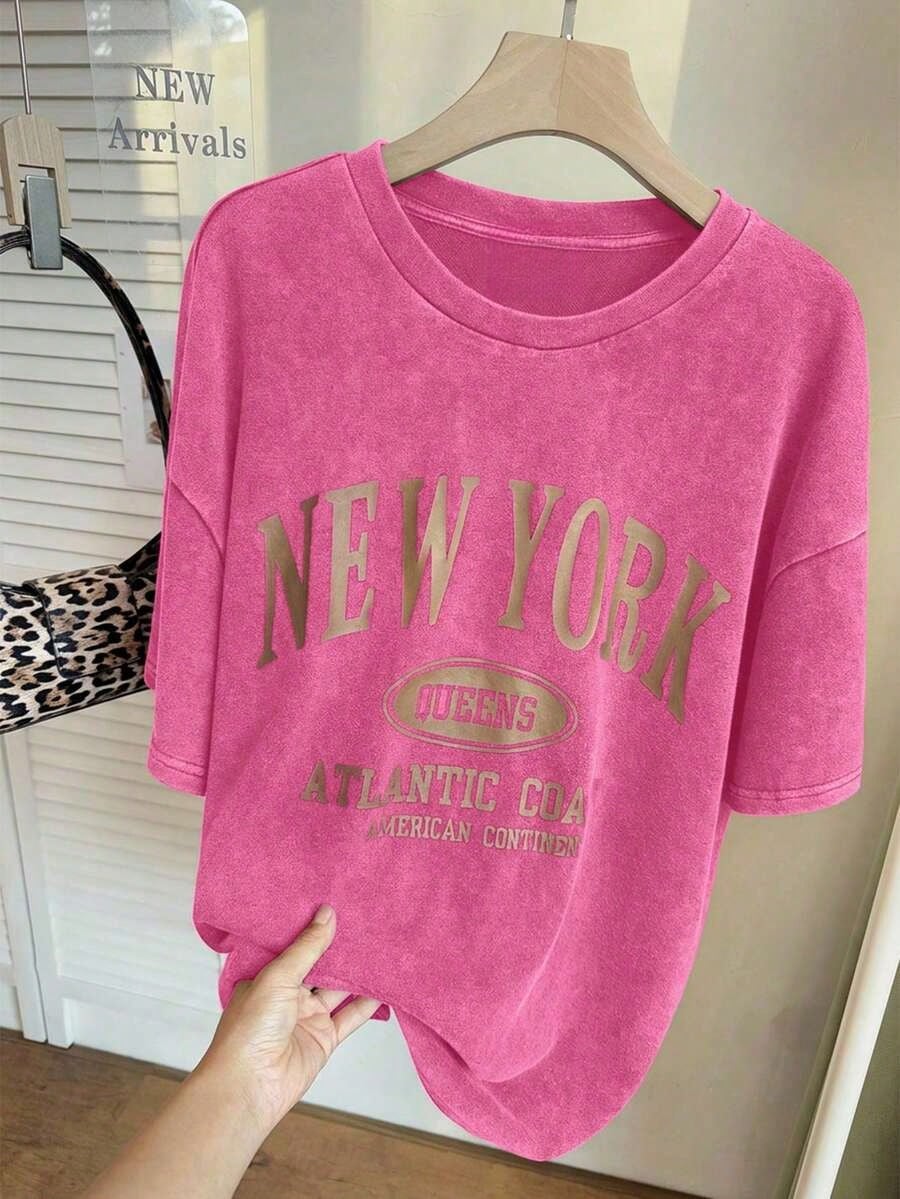 Plus Size Women's Graphic Tees, Plus Size T-Shirt, Streetwear, 90s Clothes, NEW YORK Print Casual Minimalist Pattern Crew Neck Short Sleeve Loose T
