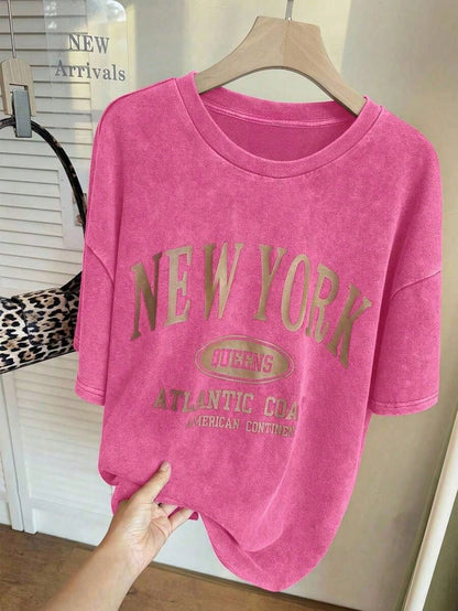 Plus Size Women's Graphic Tees, Plus Size T-Shirt, Streetwear, 90s Clothes, NEW YORK Print Casual Minimalist Pattern Crew Neck Short Sleeve Loose T