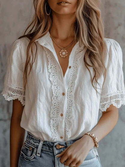 Plus Size Women's Lace Trim Linen Blend Blouse, Puff Short Sleeve Button-Down Shirt