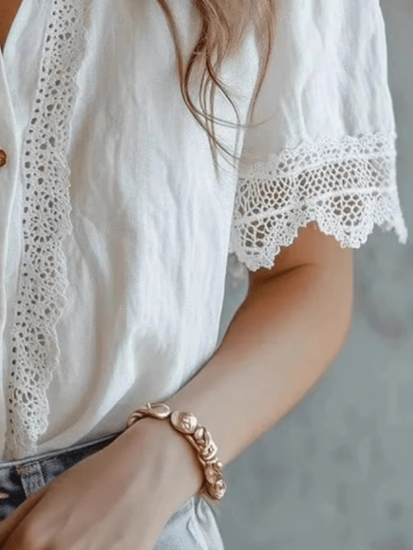 Plus Size Women's Lace Trim Linen Blend Blouse, Puff Short Sleeve Button-Down Shirt
