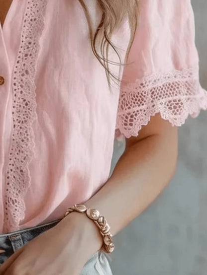 Plus Size Women's Lace Trim Linen Blend Blouse, Puff Short Sleeve Button-Down Shirt