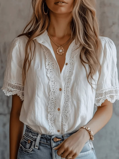 Plus Size Women's Lace Trim Linen Blend Blouse, Puff Short Sleeve Button-Down Shirt
