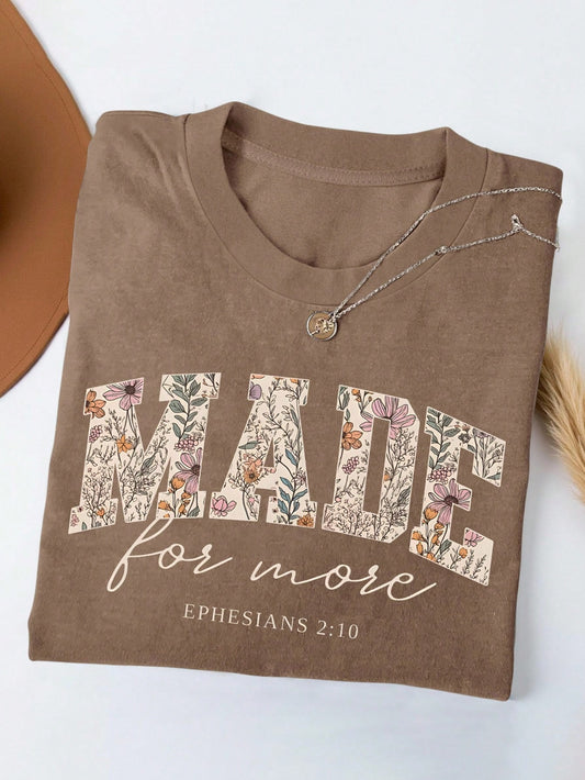 Plus Size Women's Letter & Floral Graphic Print Short Sleeve Round Neck Loose T-Shirt