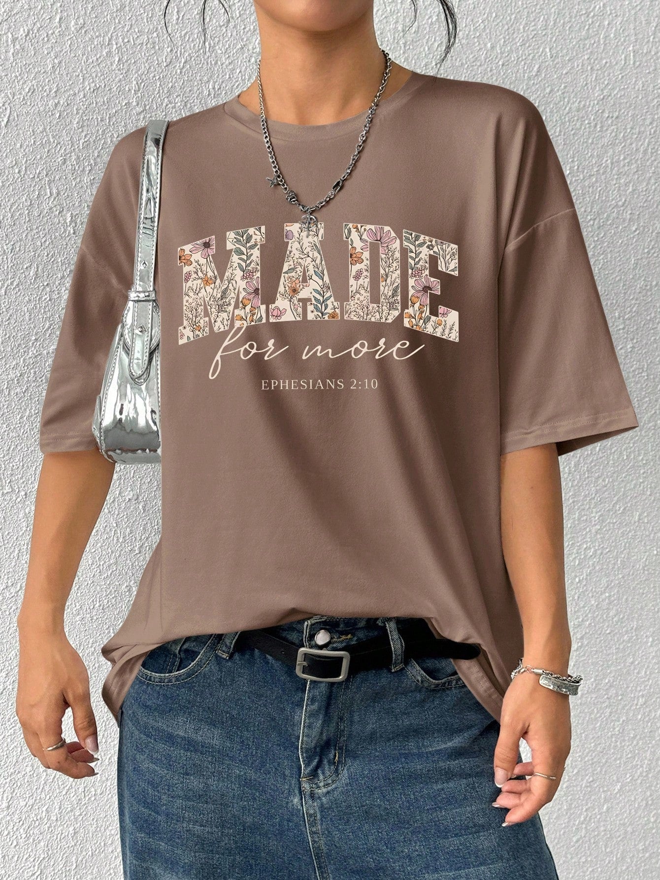 Plus Size Women's Letter & Floral Graphic Print Short Sleeve Round Neck Loose T-Shirt