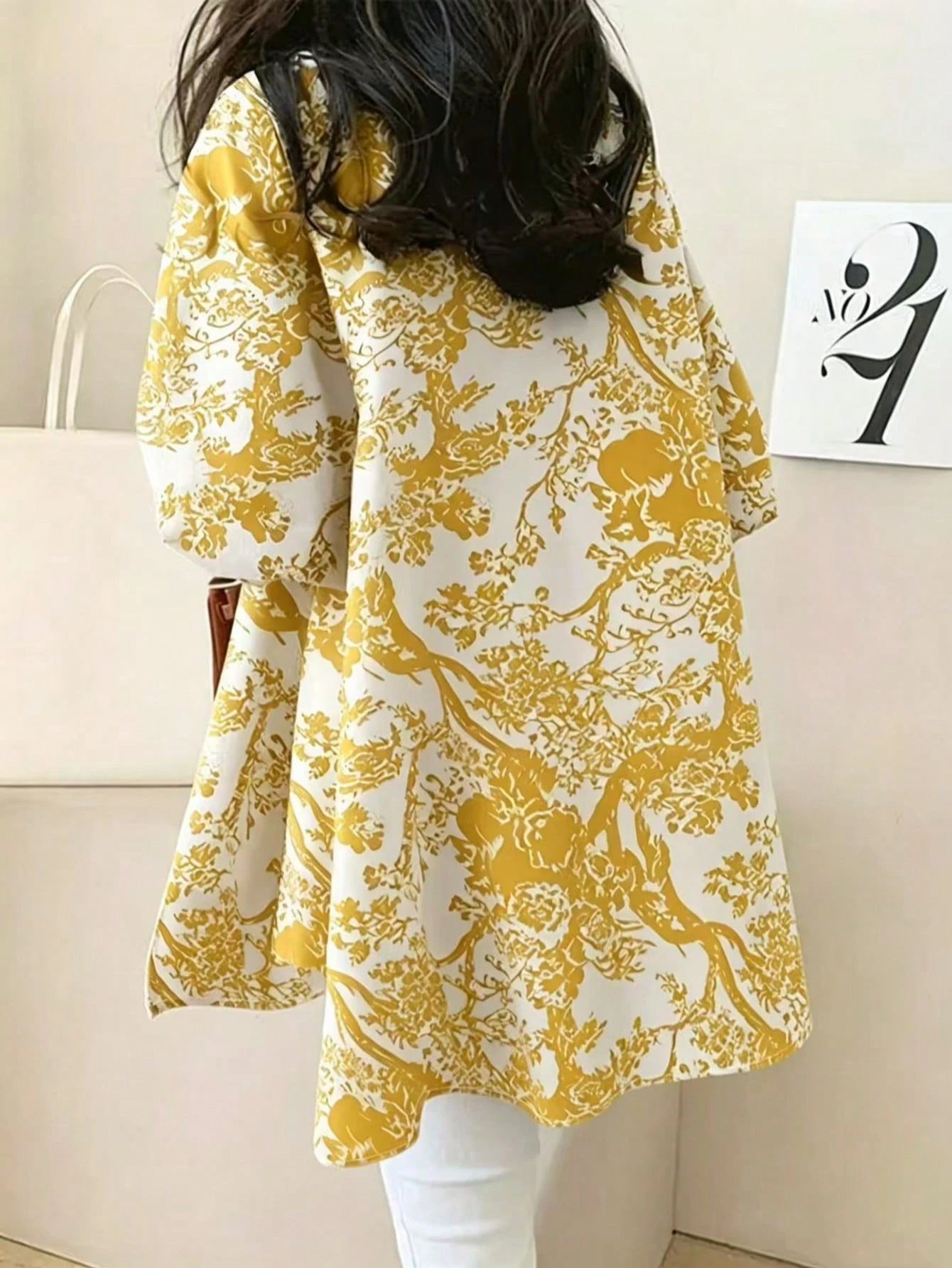 Plus Size Women's Loose Fit Botanical Print Shirt, Suitable For Graduation Party, Vacation, Beach And Outdoor Spring/Summer Wear Yellow