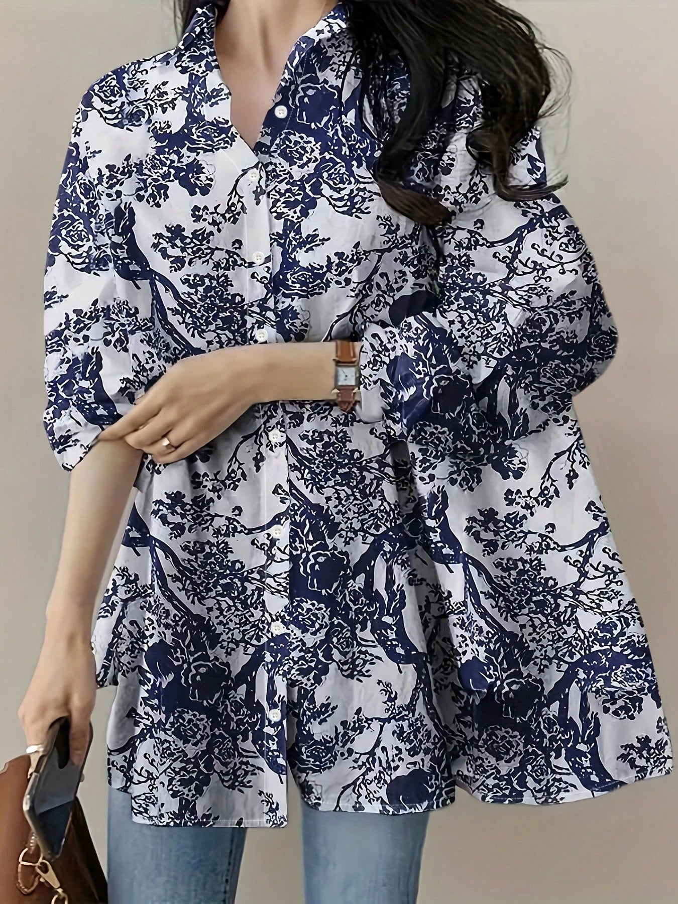 Plus Size Women's Loose Fit Botanical Print Shirt, Suitable For Graduation Party, Vacation, Beach And Outdoor Spring/Summer Wear Yellow