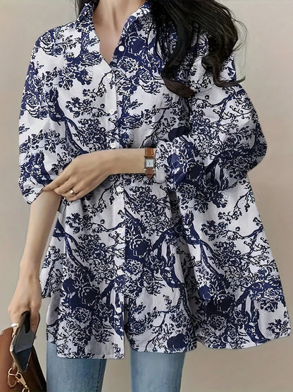 Plus Size Women's Loose Fit Botanical Print Shirt, Suitable For Graduation Party, Vacation, Beach And Outdoor Spring/Summer Wear Yellow