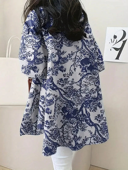 Plus Size Women's Loose Fit Botanical Print Shirt, Suitable For Graduation Party, Vacation, Beach And Outdoor Spring/Summer Wear Yellow