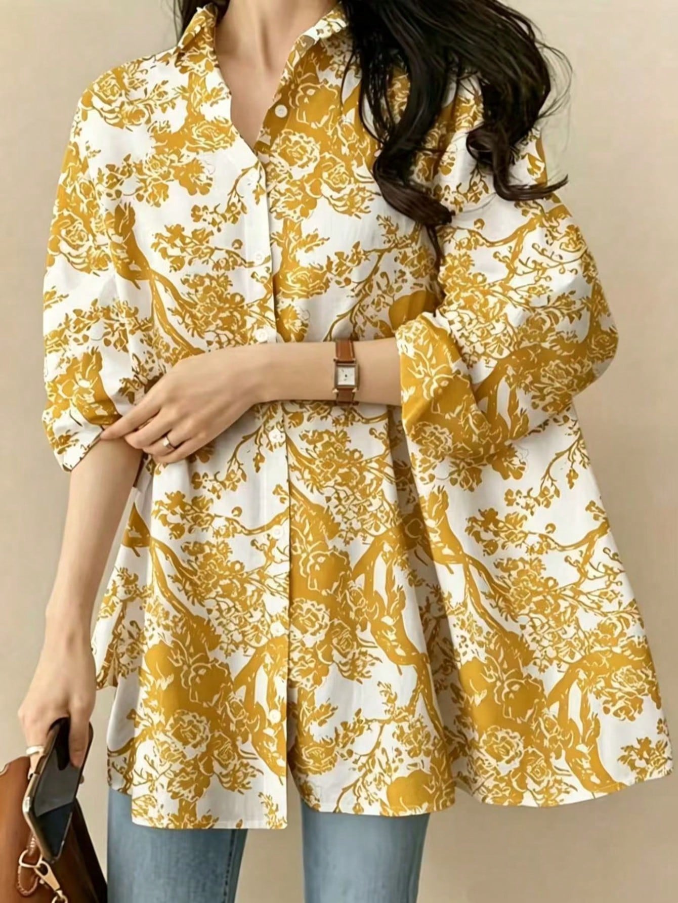 Plus Size Women's Loose Fit Botanical Print Shirt, Suitable For Graduation Party, Vacation, Beach And Outdoor Spring/Summer Wear Yellow