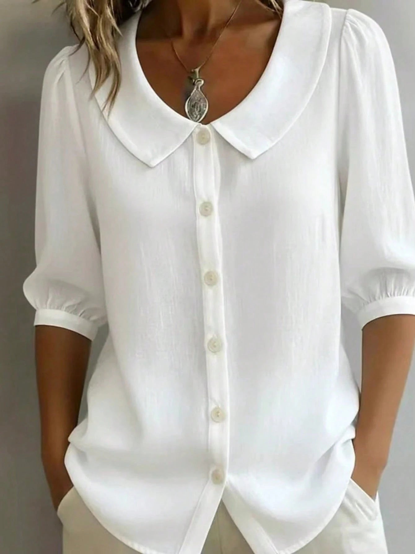 Plus Size Women's Peter Pan Collar Button-Down Blouse, 3/4 Puff Sleeve Casual Linen Shirt