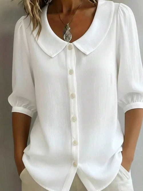 Plus Size Women's Peter Pan Collar Button-Down Blouse, 3/4 Puff Sleeve Casual Linen Shirt