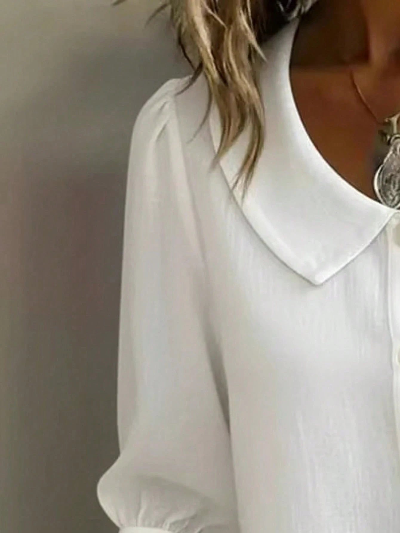 Plus Size Women's Peter Pan Collar Button-Down Blouse, 3/4 Puff Sleeve Casual Linen Shirt
