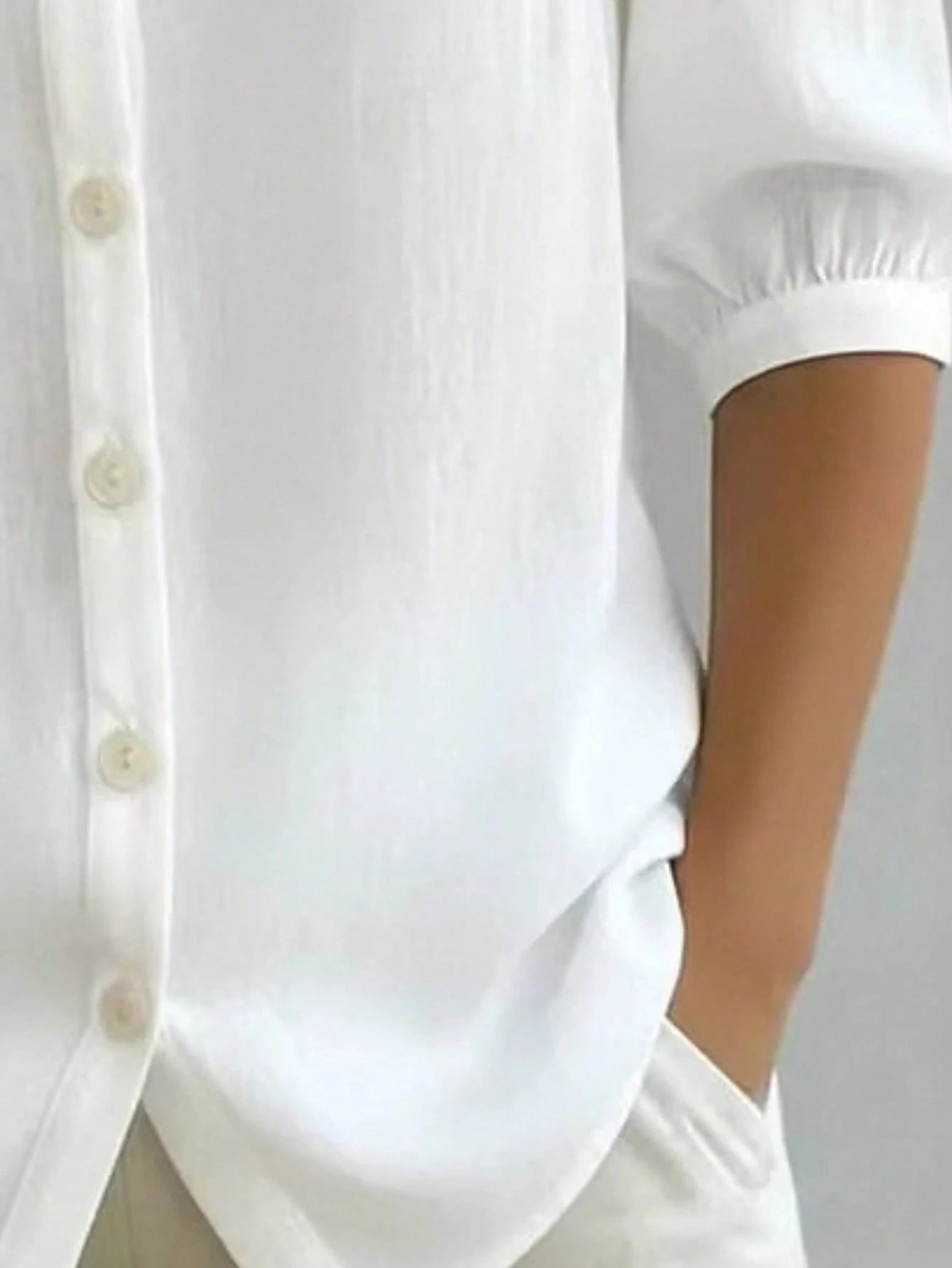 Plus Size Women's Peter Pan Collar Button-Down Blouse, 3/4 Puff Sleeve Casual Linen Shirt