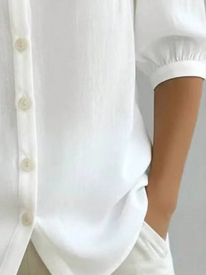 Plus Size Women's Peter Pan Collar Button-Down Blouse, 3/4 Puff Sleeve Casual Linen Shirt