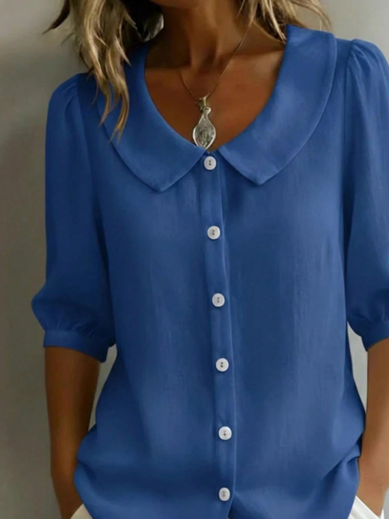 Plus Size Women's Peter Pan Collar Button-Down Blouse, 3/4 Puff Sleeve Casual Linen Shirt