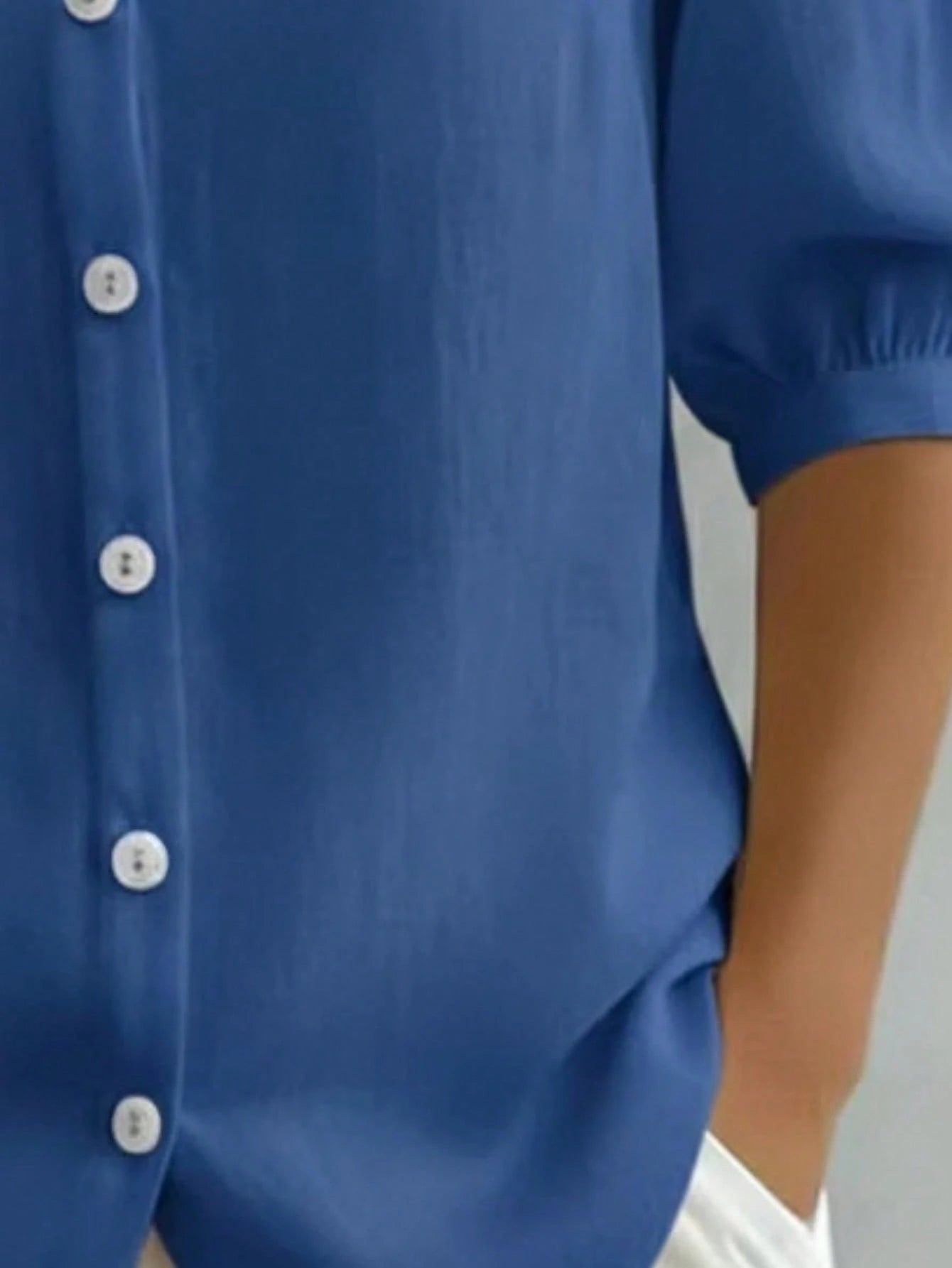 Plus Size Women's Peter Pan Collar Button-Down Blouse, 3/4 Puff Sleeve Casual Linen Shirt