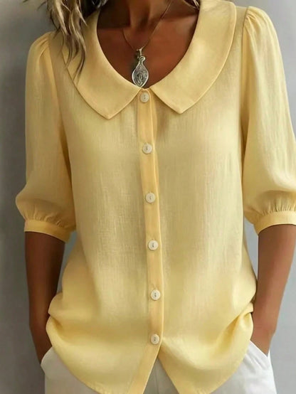 Plus Size Women's Peter Pan Collar Button-Down Blouse, 3/4 Puff Sleeve Casual Linen Shirt