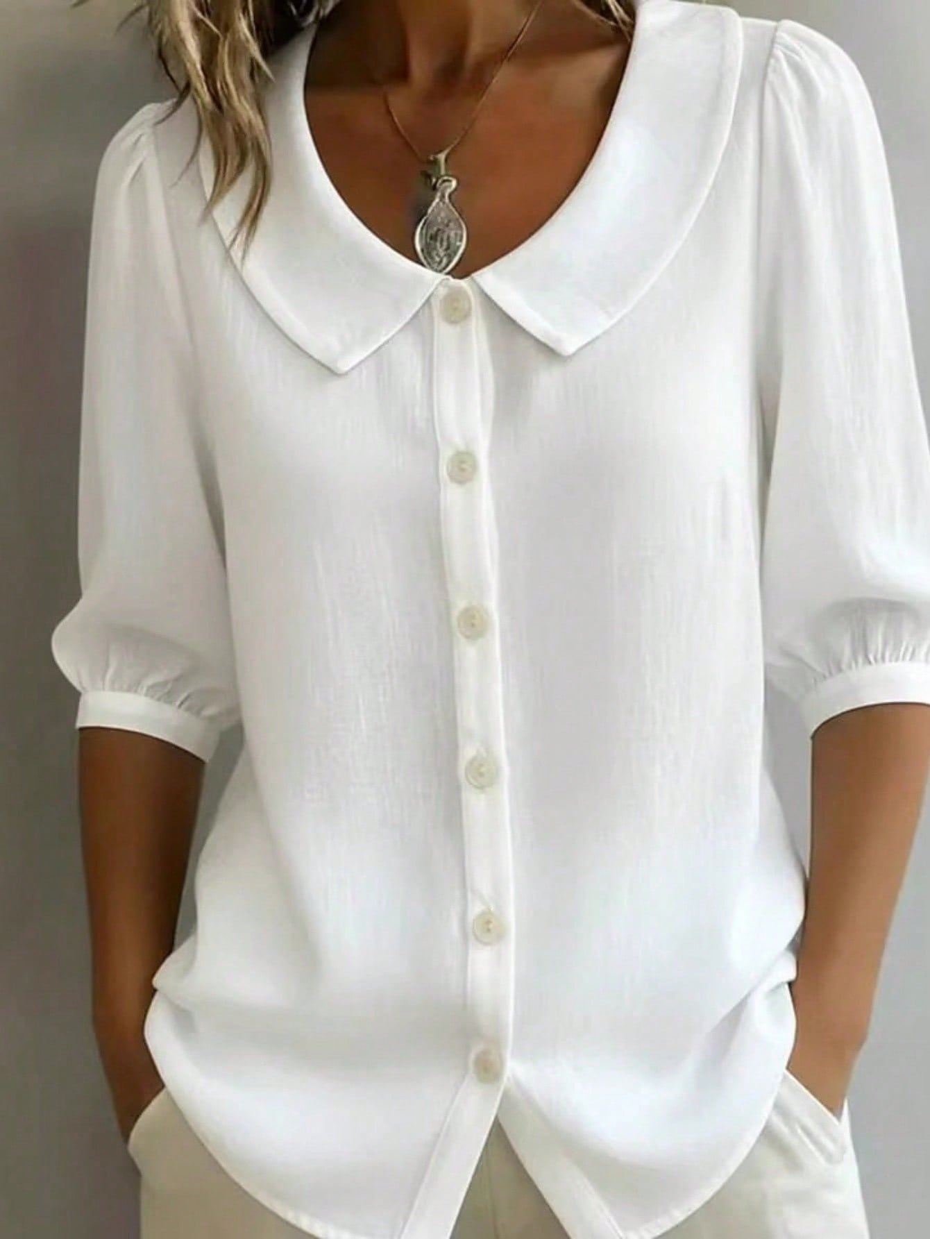 Plus Size Women's Peter Pan Collar Button-Down Blouse, 3/4 Puff Sleeve Casual Linen Shirt