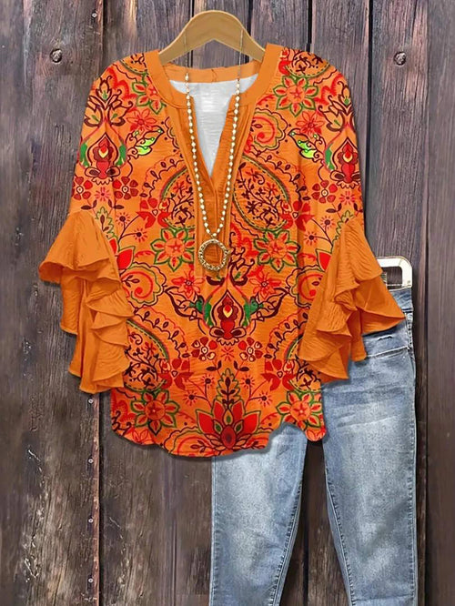 Plus Size Women's Print Ruffle Sleeve V-Neck Shirt Blouse, Random Print Vacation