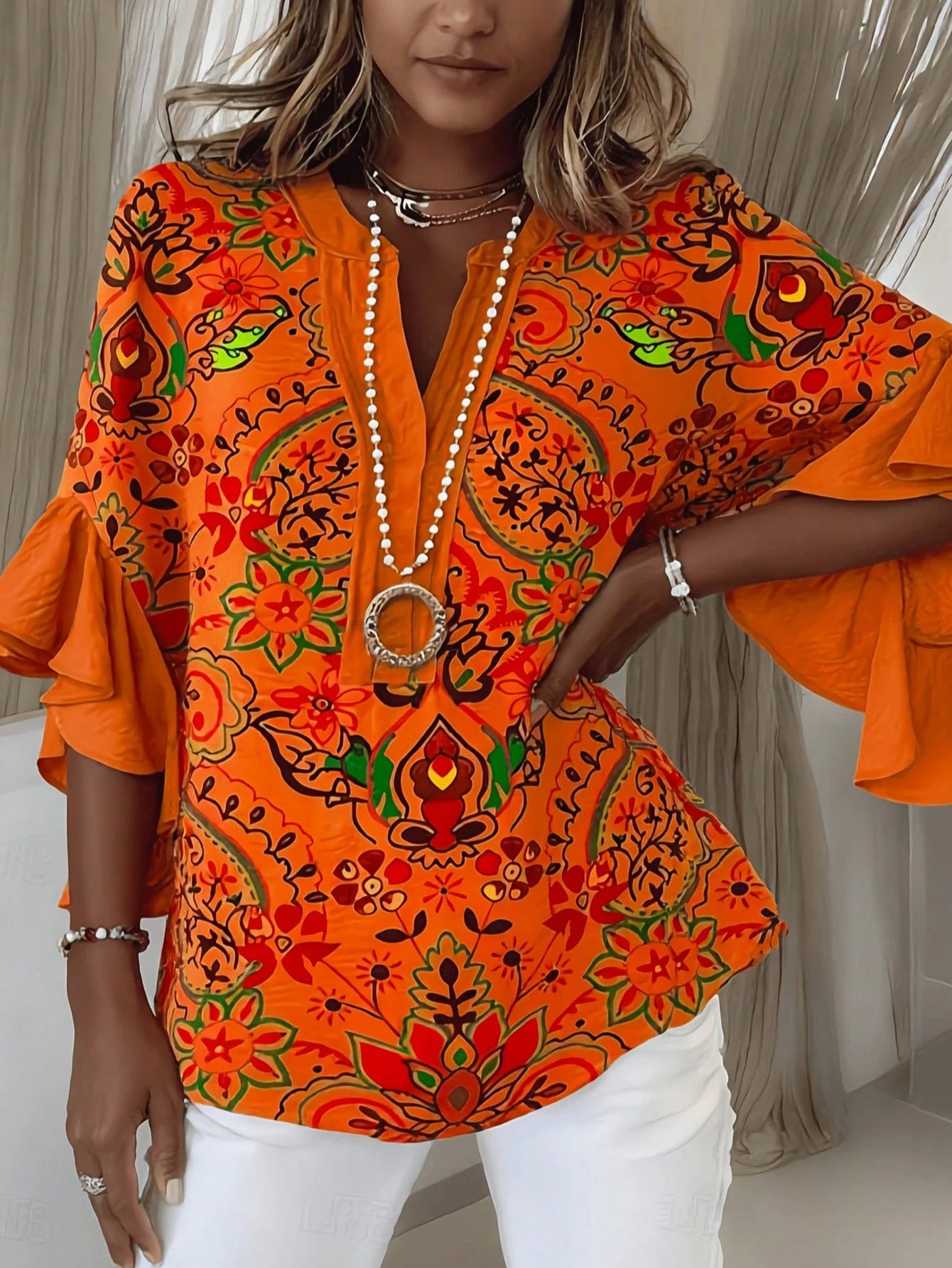 Plus Size Women's Print Ruffle Sleeve V-Neck Shirt Blouse, Random Print Vacation